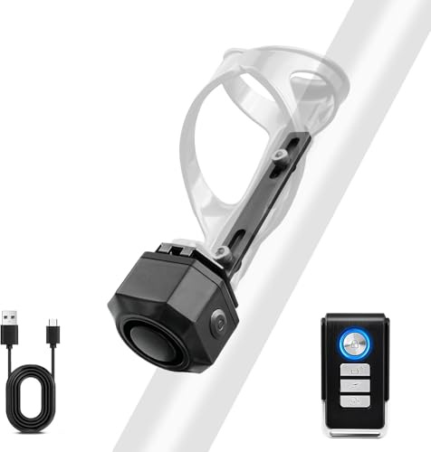Cruxer Fahrrad Alarmanlage mit L-Förmiger Halterung für Trinkflaschenhalter, über USB Aufladbar, Lautstärke und Empfindlichkeit Einstellbar (110 dB), Diebstahlschutz-Vibrationsalarm mit Fernbedienung