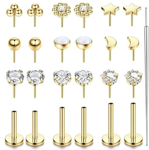 KRFY 16G/18G/20G Piercing Tragus Acero Quirúrgico Flat Back Piercing Oreja Sin Rosca Push In Hipoalergénicos Pendientes Oro Plata Helix Labret Nariz Cartílago Conch Joyería-G16