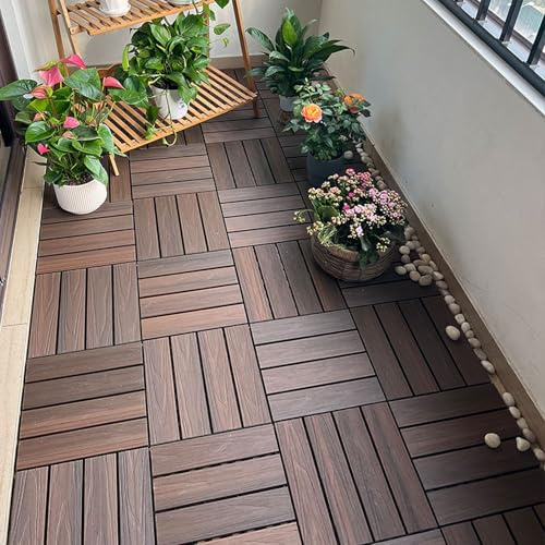 YUJOQUP Dalles de Terrasse Emboîtables, Revêtement de Sol Extérieur en Composite WPC, Lames de Terrasse Résistantes aux Intempéries pour Jardin, Patio et Balcon(Size:5pcs,Color:Café)