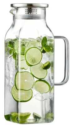 Glas tillbringare för drycker | 2L dryckesjug med handtag och lock - Glas juicekaraff - för användning i kylskåp, på bänkskiva, vid grillning, picknick, camping, samt även lemonad, kaffe, te och m
