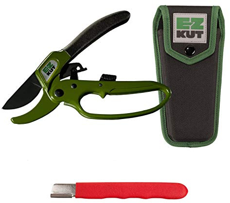 EZ Kut Original Ratcheting Pruner Kit with Molded Ballistic Nylon Sheath and Carbide Blade Tool, Green and Black