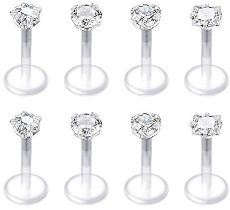 QWALIT 16G Clear Lip Rings Studs Plastic Cartilage Tragus Earrings Retainer for Work Cubic Zirconia Bioflex Medusa Labret Piercing Jewelry 6mm 8mm 10mm 12mm