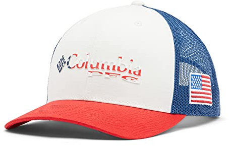 Columbia PFG Logo Snap Back Ball Cap, Breathable, Adjustable, Red Spark/Us Flag, One Size