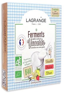 LAGRANGE Ferments yaourt aromatisés BIO, Fabrication française, 3 sachets aromatisées (1 Vanille / 1 Fraise /1 Citron) de 12g chacun, 1 sachet de ferment pour 1.5L de lait, 385002