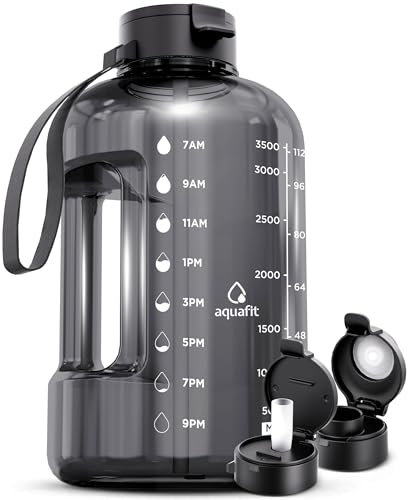 AQUAFIT 4 Litre Water Bottle with Straw - 1 Gallon- Motivational, 128 Ounces Big Water Bottle with Time Maker - Large, Gray