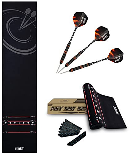 ONE80 Darts Teppich Matte Dartteppich, Dartteppich mit 3 Steeldart Dartpfeile mit Metallspitze, Dartteppich mit Offiziellem Spielabstand, Bodenschutz für Dartpfeile, 300x66cm (Orange)