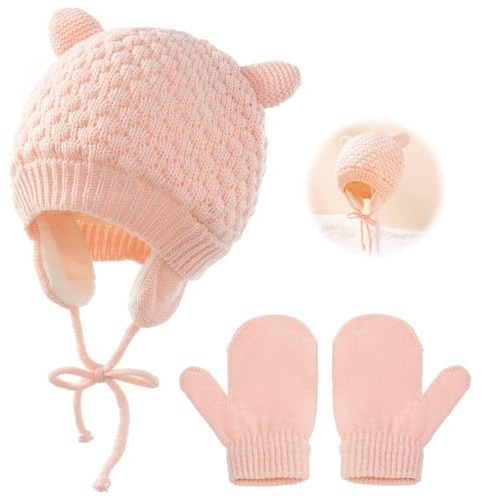 Zoonvii Ensemble Bonnet, Chapeaux Tricotés Chauds pour Bébé, Bonnets Chaud en Tricot Thermique avec Cache Oreilles Bebe, Ensemble Bonnet et Moufles d'hiver, Bonnets ​Enfants Unisexe, pour 1-4 Ans