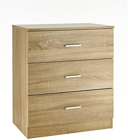 Baroni Home Kommode 3 Schubladen aus Melamin, Schrank für Schlafzimmer oder Wohnzimmer, moderner Schrank aus Eiche 60x40x70 cm