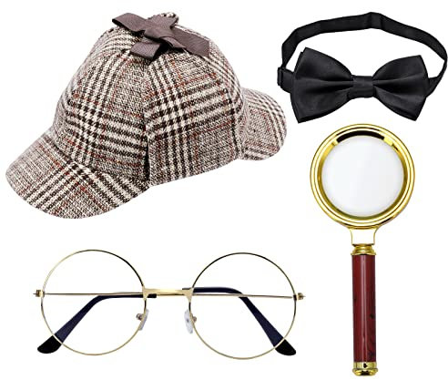 WDFCN 5-teiliges Detektiv Kostüm Set mit Detektivhut, Lupe, Metallbrille, Fliege für Karneval, Maskerade, Event, Party