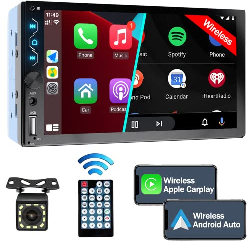 Double Din Car Stereo with Wireless Carplay,Wireless Android Auto,7 inch Touch Screen Radio with Backup Camera,Bluetooth Car Audio Receiver,Mirror Link,SWC,FM/USB/AUX/Subwoofer