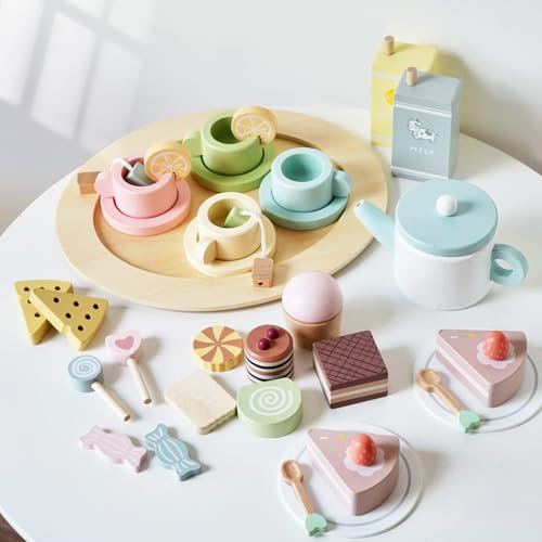 Smartwo 34PCS Wooden Tea Sets and Food Toys for Toddlers Afternoon Tea Party, Play Teapots Dessert Cookies Cakes, Kids Kitchen Shop Accessories, Children Gift for Boys Girls 3 4 5 6 Years Old