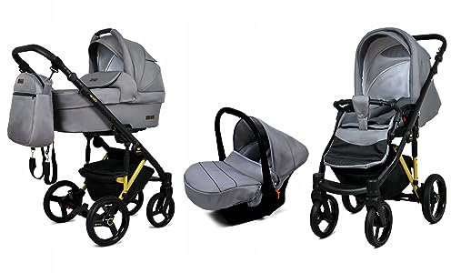 BabyLux® Kinderwagen Set 3 in 1 - UZO - incl. Babywanne, Buggy Sportsitz, Auto-Babyschale - Autositz - Kinderwagenset - Kombikinderwagen mit Wickeltasche, Regenschutz usw.