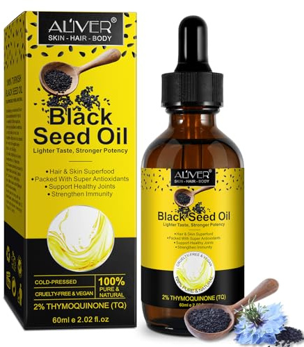 Nigella Sativa Huile de nigelle bio 100 % naturelle pressée à froid, riche en oméga 3 6 9, soutient le système immunitaire, les articulations, la digestion, la croissance des cheveux et la peau, 2,02