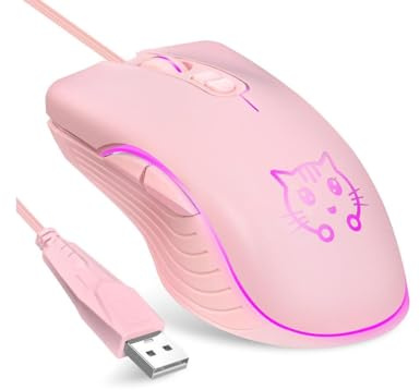 CORN Gaming Wired USB Mouse, 2400DPI 4 Adjustable Levels, Ergonomic Slient Mouse for PC/Desktop/Laptop - Pink Cat
