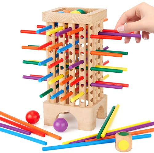 Montessori Spiel Brettspiel aus Holz, 42 Bunte Holzstäbchen Spiele Würfelspiel Mathe & Feinmotorik Spielzeug, Brettspiel Familie ab 3 4 5 6 Jahre Lernspielzeug Reisespiel für Kinder