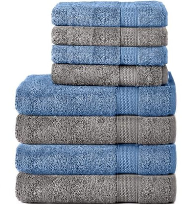 Komfortec 8er Handtuch Set aus 100% Baumwolle, 4 Badetücher 70x140 und 4 Handtücher 50x100 cm, Frottee, Weich, Towel, Groß, Anthrazit/Hellblau