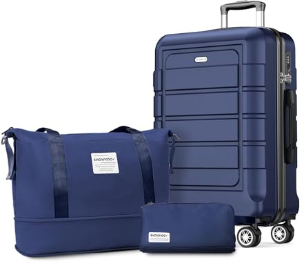 SHOWKOO Valise Moyenne Rigide Légère 67cm PC+ABS Extensible Durable Valise Soute Trolley Voyage avec Trousse de Toilette et Sacs de Voyage, Bleu