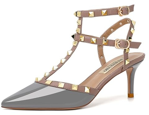 FamMe Damen-Pumps mit Nieten, Slingback-Kitten-Heels, spitzer Zehenbereich, T-Knöchelriemen, Stiletto-Sandalen, Hochzeits-Party-Kleid, Pump-Schuhe,Blau,38