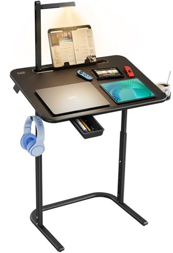 Tisch, SAIJI schreibtisch, eckschreibtisch höhenverstellbar, Stabiler, mit augenschonender Lampen, Buchständer, Schublade, Rucksackhaken, moderner Stil, Für Studium, Laptop-Arbeit, Essen, Online-Kurse