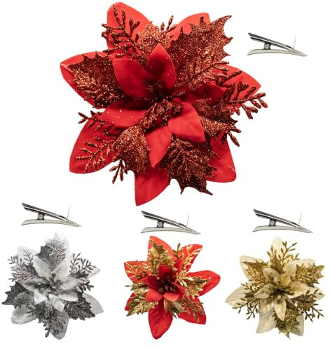 Bonny*D 12 Fiori Per Albero di Natale 14 Cm - Decorazioni Natalizie Luccicanti - Addobbi natalizi - Addobbi Albero Di Natale - Fiori Natalizi Per Decorazioni 12 Clip Incluse