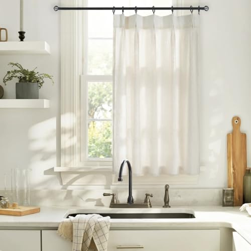 Lino Rosa Cream Modern Farmhouse Style Boho Pinch Pleat Linen Sheer Tier Short Curtains for Small Window Cream Kitchen Window Cafe Curtains 30x48 Inch Length Over Sink