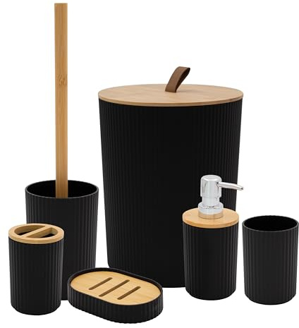 Anika 6 Piece Black Bathroom Accessory Set, Modern Bathroom Essentials | Toothbrush Holder, Waste Bin, Toilet Brush, Cup, Soap Dish, Soap Dispenser, Stylish Bathroom Storage Set, Wood Effect Accents