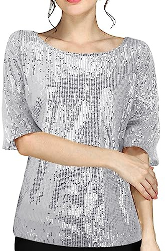 Yekdmxop Camisa mujer elegante lentejuelas plata cuello redondo Blusa Glitter Oro Navidad Camisa Tallas Grandes Manga Larga Tops Curvy Brillantini Camiseta Noche Strass Camiseta Ceremonia T Shirt,