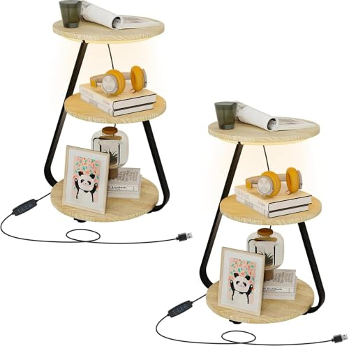 ARTETHYS Side Table Set of 2, Small Round Coffee Table, Oak | 3 Color LED Lights, Bedside Sofa Side Tables for Living Room, 3 Tier Storage Shelves, End Tables with Adjustable Feet