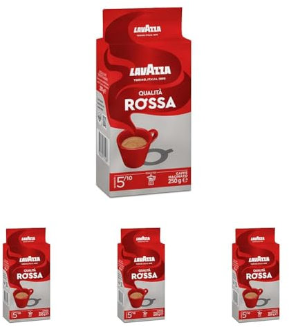 Lavazza, Qualità Rossa, Café Molido Natural, Ideal para Cafetera Italiana, de Filtro y Francesa, con Notas Aromáticas de Chocolate, Arábica y Robusta, Intensidad 5, Tueste Medio, 250 g (Paquete de 4)