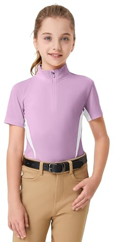 FitsT4 Sports Girls Short Sleeve Equestrian Shirt Quick Dry Horse Riding Shirts Half Zip Horseback Show Shirt Summer Athletic Tops Purple Small