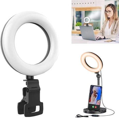 Ring Light with Stand, Desk Ring Light with Clip Upgraded 10W 3000K-6500K Travel Desktop Light for Phone Selfie Laptop Zoom Video Makeup Vlog Tiktok Live Streaming