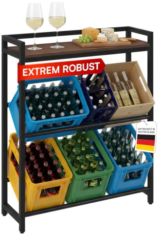 STEELSØN Astris Getränkekistenregal mit Ablage – stabiles & platzsparendes Getränkeregal für 6 Kisten – Kistenregal Schwarz/Braun Metall – Kastenständer für Getränkekisten & Obst – Bierkisten Regal
