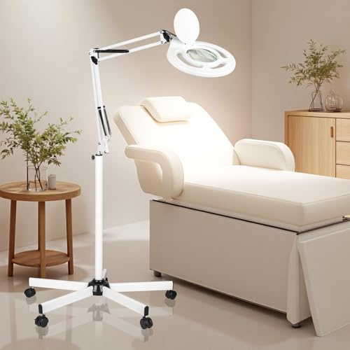 KALVISH Lámpara de Pie LED con Lupa 10X para Extensiones de Pestañas, 2500 Lúmenes, Brillo Regulable Continuo, Base Rodante con 5 Ruedas, para Estética, Tatuajes, Manicura y Costura