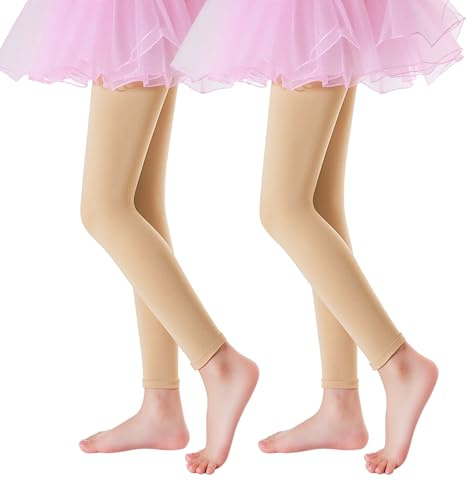 Sahunfri Paquete de 2 mallas 60D sin pies para niñas, medias de ballet de microfibra para niñas, leggings de terciopelo suave sin pies, medias de baile negras de alta elasticidad para edades de 5 a 14