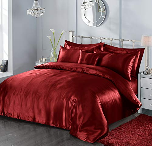 7 Piece Satin Sheets Super Soft Shiny Bedding Sets, 1 x Duvet Cover, 1 x Fitted Bed Sheet, 4 x Pillow Cases, 1 x Cushion Cover, Full Complete Bed Set (Red, Super King)
