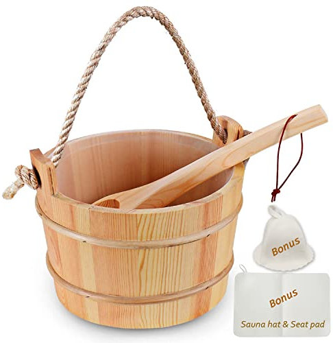 Bestnewie Finnish Pine Wood Sauna Bucket with Ladle Handmade Wooden Sauna Bucket Sauna Spa Accessory - 5 Liter (1.3 Gallon) Sauna Bucket with Felt Sauna Hat and Sauna Seat Pad