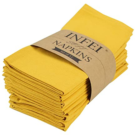 INFEI Solid Color Cotton Blended Dinner Cloth Napkins - Set of 12 (17 x 17 inches) - for Events & Home Use (Yellow)