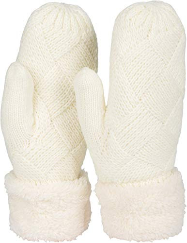 styleBREAKER Damen warme Winter Strick Fäustlinge, Handschuhe mit Rauten Muster, Thermo Fleece, Strickhandschuhe 09010031, Farbe:Creme-Weiß