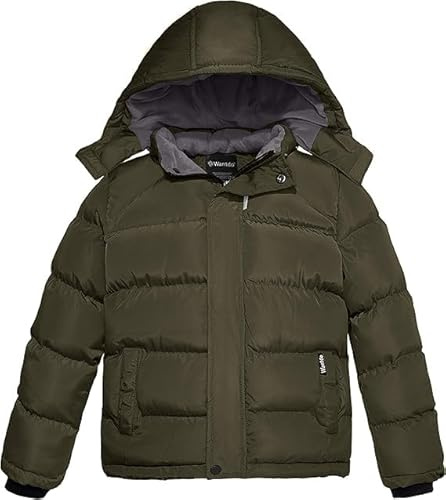 Wantdo Pojkar vinter varm fleece rockar förtjockad bomull vadderad jacka klassisk vindtät quiltad parkas rockar utomhus huvjacka, Grön, 152/158 cm