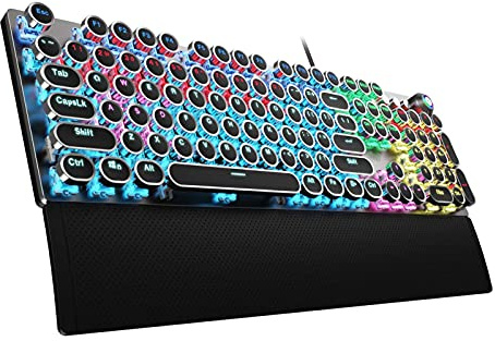 AULA F2088 Typewriter Style Mechanical Gaming Keyboard Wired,Blue Switches,Rainbow LED Backlit,Removable Wrist Rest,Media Control Knob,Retro Punk Round Keycaps,USB Wired Computer Keyboard