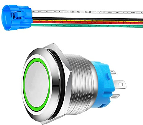 Gebildet 0.87 Zoll/22mm Momentaner Druckknopf Edelstahl Taster 230VAC 3A LED 1NO1NC SPDT An/Aus Wasserdicht mit Kabelbuchse Stecker (Grün LED)