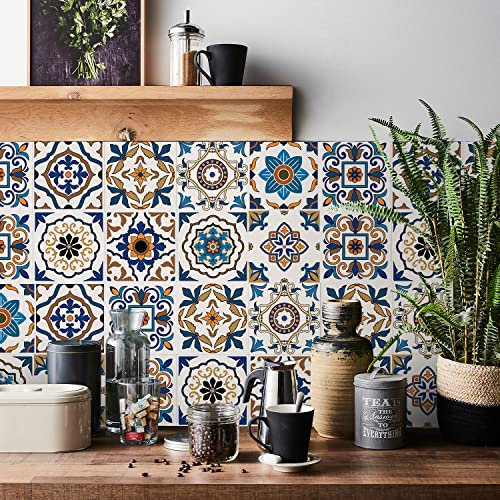 Moroccan Tile Stickers for Kitchen 24 pcs Bathroom Self Adhesive Wall Tiles Stick Waterproof Oil-Proof Vintage Mosaic Art (15cm x 15cm, 6x6 inches) for Stairs (Blue Orange 2)