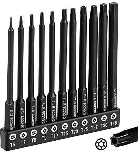 DAKCOS Lot de 11 embouts Torx inviolables en alliage d'acier S2 pour tournevis et visseuse électrique, 100 mm de long T6 - T40