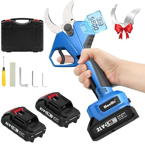 SEESII Tijeras de Podar Eléctricas 40mm, Podadora para Jardín, Cuchillas de Acero SK5, Motor sin Escobillas, 2 Baterías de 2000mAh, Pantalla LCD, Corte Preciso, BLX-125
