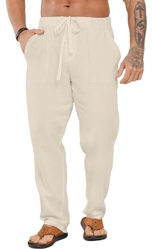 LVCBL Herren Stoffhose Leinenhose mit Kordelzug Sommer Strandhose Khaki M