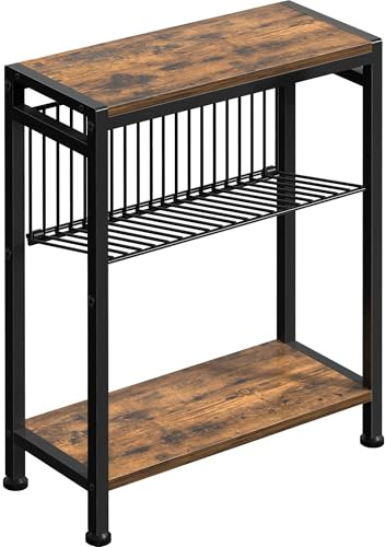 Homedawn Small Side Table for Small Space, 3-Tier Narrow End Table with Magazine Holder,Slim Nightstand, Skinny Snack Couch Table in Living Room, Bedroom Study and Balcony (Rustic Brown &Black)