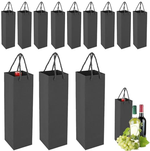 Kraftpapper vinflaskväskor med starka rephandtag, 12-pack svarta flaskväskor för vin, whisky, champagne, återanvändbar vinpåse enkel vinflaska presentpåsar för jul bröllop födelsedagsfest