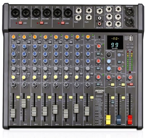 JXSOU Audio Mixer, 14-Channel DJ Mixer Bluetooth Studio Mixer with 99 DSP Effect USB Drive+48V Phantom Power, XLR Microphone Jack Professional Mixer For Karaoke Studio Streaming Recording