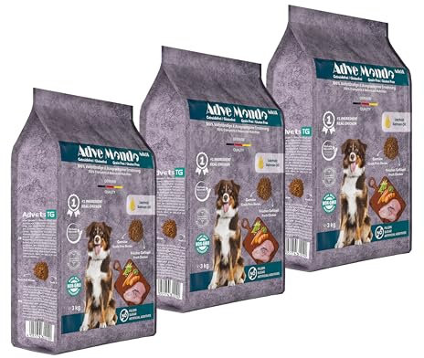 Adve® Mondo Adult Dog: Trockenfutter für ausgewachsene Hunde Aller Rassen – getreidefrei – glutenfrei – Geflügel mit Gemüse – Sensible Verdauung (3 x 3 kg)