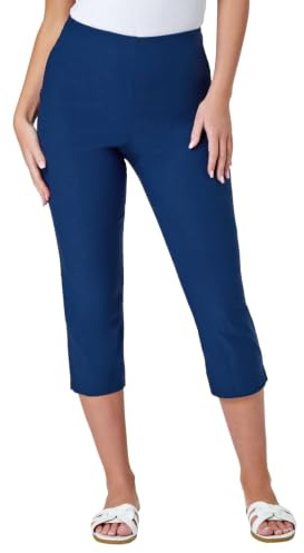 Roman Cropped Trousers for Women UK Ladies Capri Leggings Summer Pants Short Crop Stretch 3/4 Length Three Quarter Pedal Pusher Clothes Elasticated Bengaline Cut Off - Petite Midnight Blue - Size 10